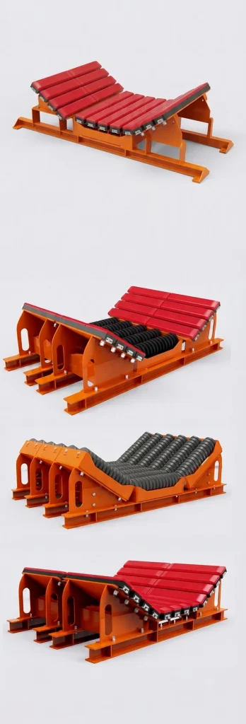 Heavy-duty conveyor impact bed with premium natural rubber impact bars for maximum shock absorption in harsh mining and quarrying conditions.