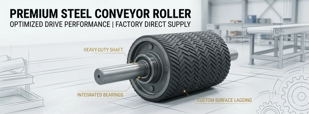 Industrial Steel Conveyor Roller for high-torque power transmission, featuring herringbone rubber lagging and reinforced internal structure, factory direct supply.