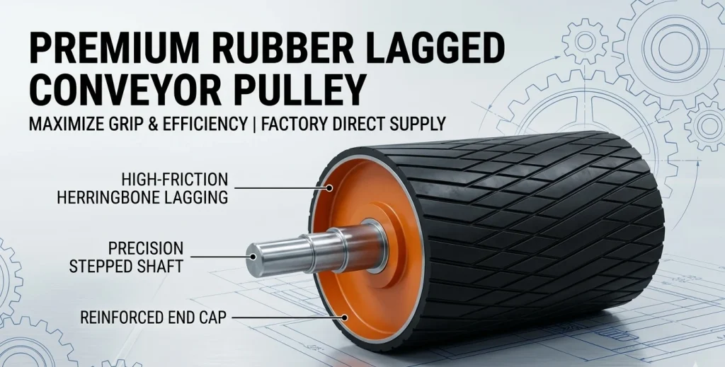 Heavy-duty Rubber Lagged Conveyor Pulley with diamond pattern lagging and integrated pillow block bearing for industrial belt systems.