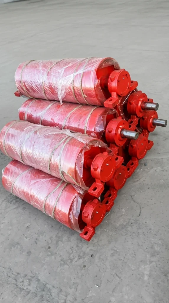 Heavy-duty Industrial Conveyor Pulley assembly stack, factory direct, with integrated red bearing housings and precise shafts, ready for large-scale material handling systems.
