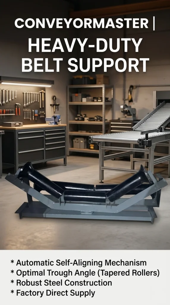 ConveyorMaster robust steel construction pivoting frame support for long service life, featuring optimal trough angle with four rollers.