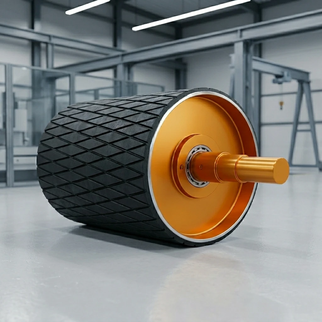 Precision Engineered Rubber Lagged Drive Drum with Orange End Flange for High-Speed Belt Systems