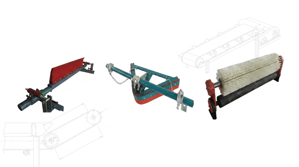 HUAXI Sweeper Systems professional header featuring specialized conveyor cleaning equipment: polyurethane primary scraper, V-plough secondary cleaner, and motorized rotary brush sweeper, integrated with technical engineering schematics on a clean background.