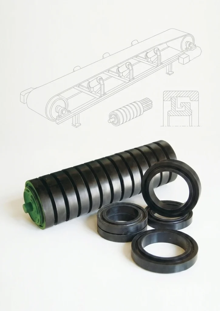 Conveyor Impact Roller with high-elasticity rubber rings for belt protection and shock absorption