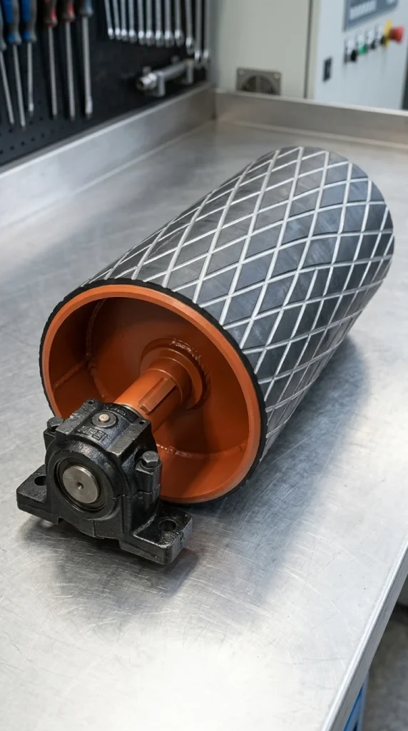 High-precision diamond pattern rubber lagged conveyor pulley showcasing robust structure and superior surface friction.