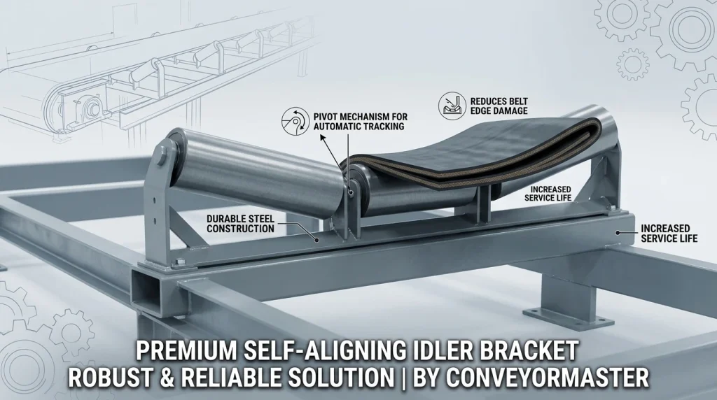 ConveyorMaster robust steel construction pivoting frame support for long service life, featuring optimal trough angle with four rollers.