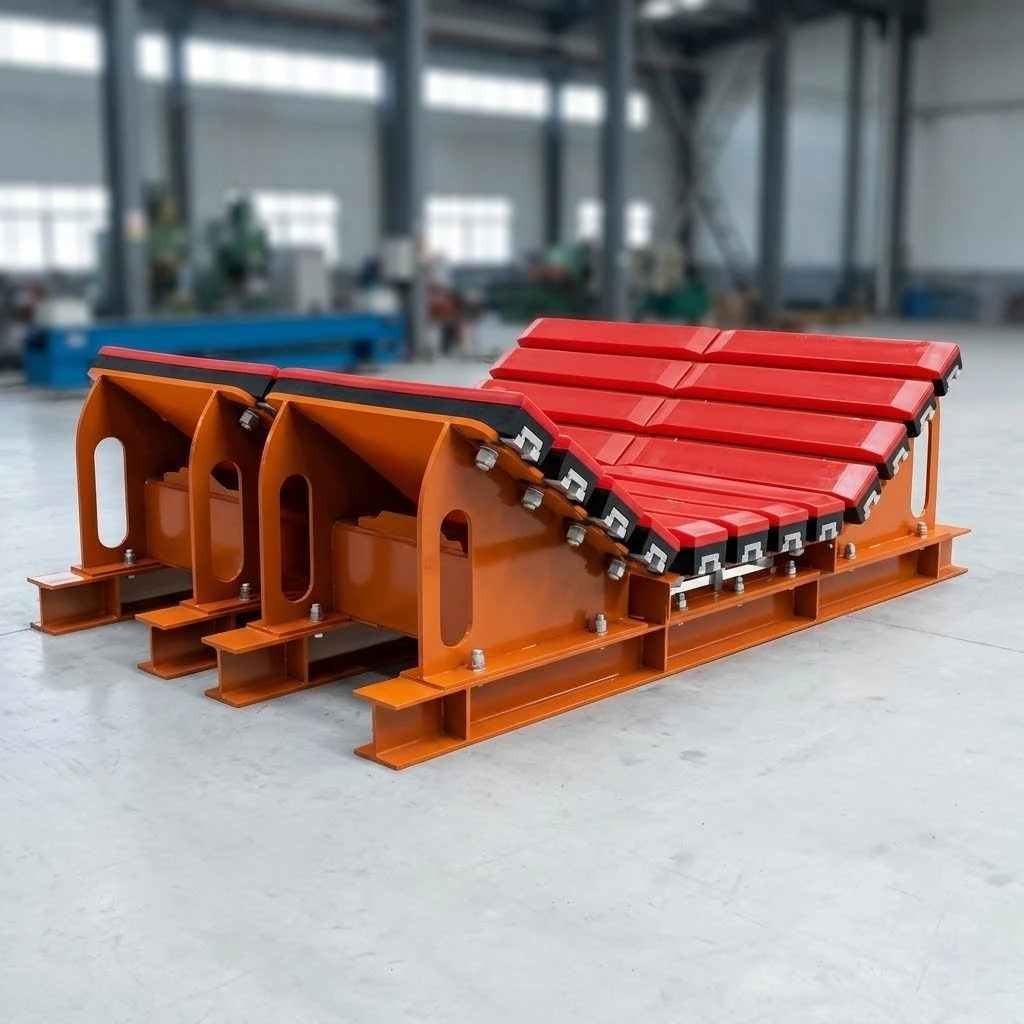 Heavy-duty Conveyor Impact Bed with Red UHMW-PE Impact Bars for Loading Zone Protection