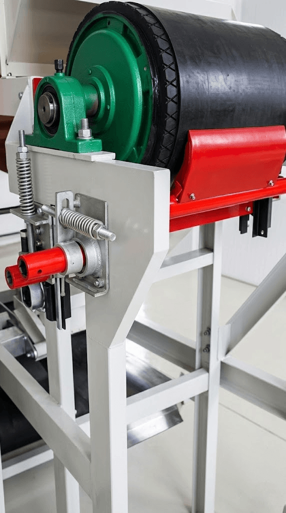 HUAXI manufacturing facility interior showing a heavy-duty conveyor pulley assembly equipped with a high-performance red polyurethane belt cleaner, ready for industrial bulk material handling applications.