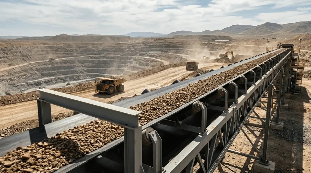 HUAXI large-scale mining conveyor system in operation at an open-pit mine, with reliable and efficient belt technology transporting bulk materials and heavy-duty trucks in the background. Includes title 'RELIABLE & EFFICIENT POWERING MODERN INDUSTRY'.