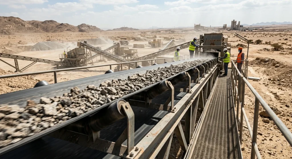 A heavy-duty industrial conveyor belt operating in a hot Middle Eastern desert mining site, transporting crushed stones and minerals. Workers in safety gear stand along the conveyor system under bright sunlight, highlighting the need for heat-resistant conveyor belts in extreme arid environments.